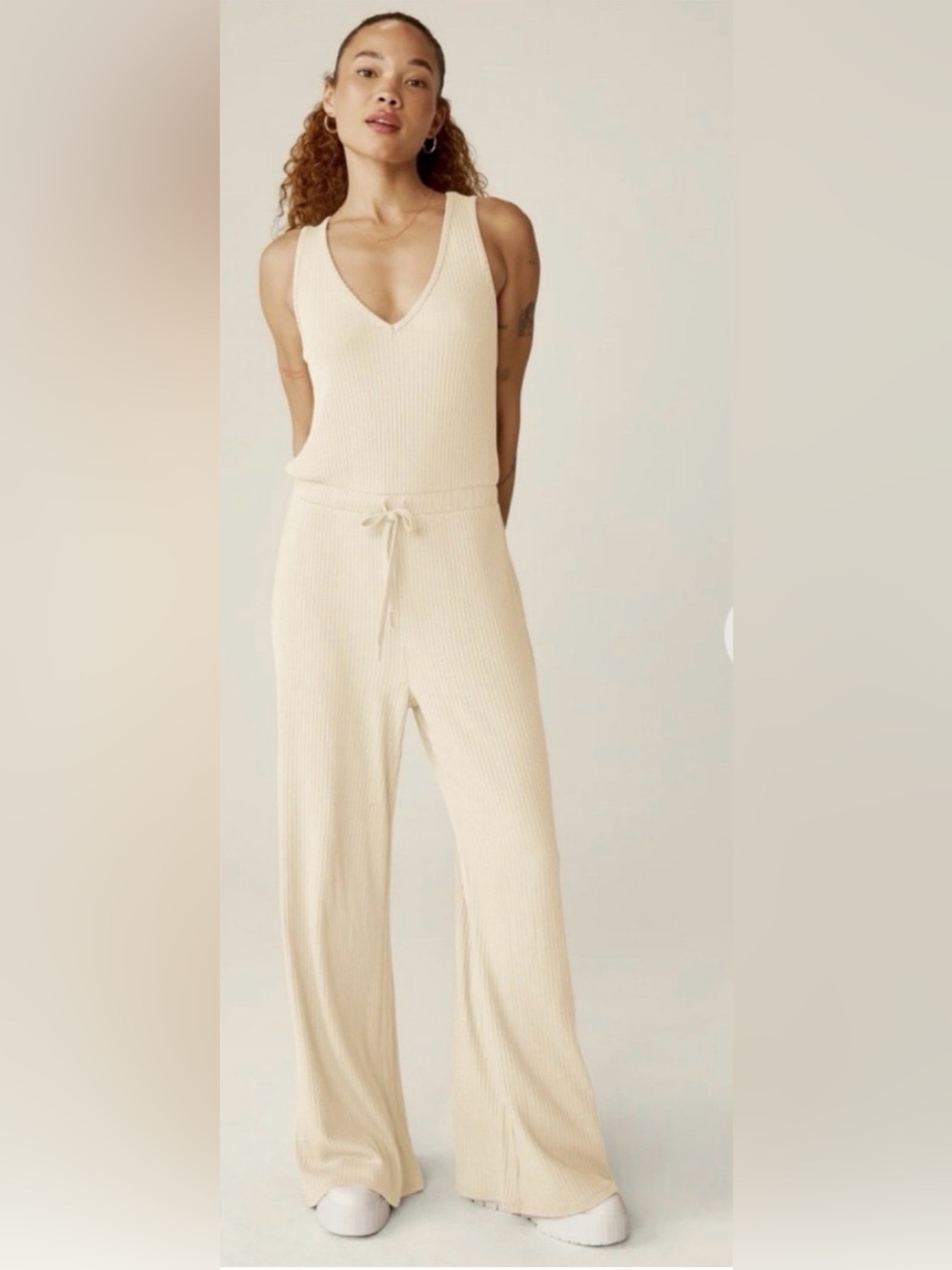 Beyond Yoga Ribbed V-Neck Drawstring Jumpsuit in Cream